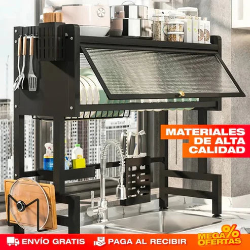 ORGANIZADOR ESCURRIDOR PARA PLATOS DE 2 NIVELES  + 1 VITRINA ESTANTE CON TAPA