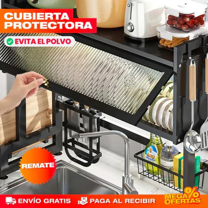 ORGANIZADOR ESCURRIDOR PARA PLATOS DE 2 NIVELES  + 1 VITRINA ESTANTE CON TAPA