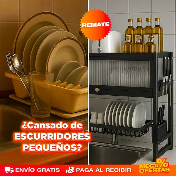 ORGANIZADOR ESCURRIDOR PARA PLATOS DE 2 NIVELES  + 1 VITRINA ESTANTE CON TAPA
