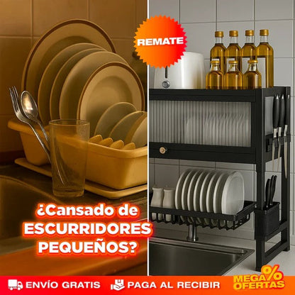 ORGANIZADOR ESCURRIDOR PARA PLATOS DE 2 NIVELES  + 1 VITRINA ESTANTE CON TAPA
