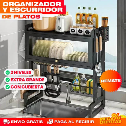 ORGANIZADOR ESCURRIDOR PARA PLATOS DE 2 NIVELES  + 1 VITRINA ESTANTE CON TAPA