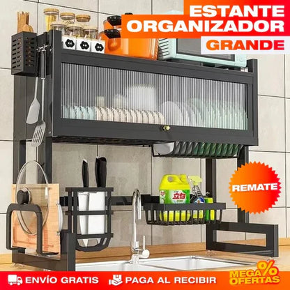 ORGANIZADOR ESCURRIDOR PARA PLATOS DE 2 NIVELES  + 1 VITRINA ESTANTE CON TAPA